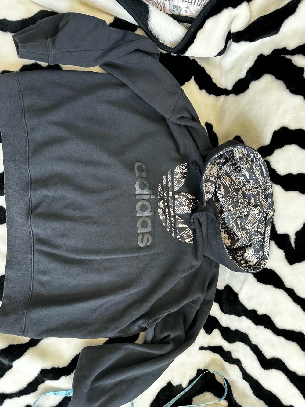 adidas Black Hoodie with Black-and-White Snake Pattern Hood